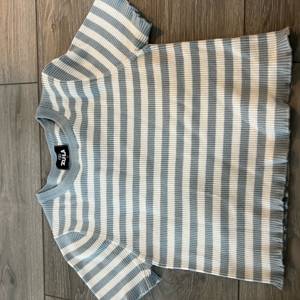 Striped Short-Sleeve Knit Tee in Light Blue & White -